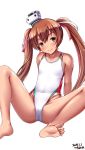  1girl arm_support ass bangs barefoot blush breasts brown_eyes brown_hair closed_mouth collarbone commentary_request competition_swimsuit covered_navel eyebrows_visible_through_hair fang feet hair_between_eyes hair_ribbon hat highleg highres kantai_collection libeccio_(kantai_collection) long_hair looking_at_viewer mini_hat navel one-piece_swimsuit ribbon simple_background sitting skindentation small_breasts smile soles solo spread_legs swimsuit tan toes tsuchimiya twintails white_background 