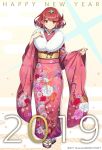 1girl arms_up bangs closed_mouth earrings eyebrows_visible_through_hair floral_print full_body fur-trimmed_kimono fur_trim furisode hair_ornament highres pyra_(xenoblade) japanese_clothes jewelry kimono looking_at_viewer multicolored multicolored_background new_year nintendo obi official_art red_eyes redhead sandals sash short_hair smile socks solo swept_bangs tiara xenoblade_(series) xenoblade_2 