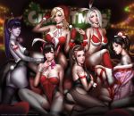  6+girls animal_ears antlers arm_up ashe_(overwatch) ass asymmetrical_hair bangs bare_shoulders bikini black_hair black_legwear black_leotard blonde_hair blue_eyes blurry blurry_background blurry_foreground bow breasts brigitte_(overwatch) brown_eyes brown_hair bunny_tail christmas cleavage covered_navel d.va_(overwatch) detached_collar dragon_tattoo facepaint finger_to_mouth fur_trim genderswap genderswap_(mtf) gloves hair_ornament hairclip hanzo_(overwatch) hat headband headphones highleg highleg_leotard highres japanese_clothes kimono kneeling large_breasts leotard liang_xing lips long_hair looking_at_viewer looking_back mercy_(overwatch) mole_above_mouth multiple_girls necktie off_shoulder overwatch pantyhose parted_lips patreon_username pink_bow ponytail purple_hair purple_skin rabbit_ears red_bikini red_eyes red_gloves red_leotard red_neckwear red_ribbon ribbon santa_hat short_hair shoulder_tattoo sidelocks sitting smile strapless strapless_leotard swept_bangs swimsuit tail tattoo thigh-highs torn_clothes torn_legwear violet_eyes watermark web_address whisker_markings white_hair white_legwear widowmaker_(overwatch) wrist_cuffs 