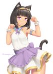  1girl animal_ear_fluff animal_ears apron armlet bangs bare_shoulders black_hair blunt_bangs cat_ears cat_tail dark_skin eyebrows_visible_through_hair hands_up looking_at_viewer medium_hair open_mouth original paw_pose purple_apron sasaame simple_background skirt solo tail twitter_username violet_eyes waist_apron white_background wrist_cuffs 