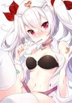  1girl azur_lane bare_shoulders belt black_bra bra breasts collar dress hair_between_eyes hair_ribbon hat koyama_sao navel no_panties nurse nurse_cap open_clothes open_dress red_eyes ribbon silver_hair small_breasts solo thermometer thigh-highs underwear vampire_(azur_lane) 