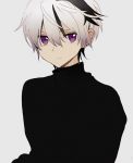  1boy black_sweater closed_mouth earrings expressionless grey_background grey_hair hair_between_eyes hirota_tsuu jewelry looking_at_viewer male_focus multicolored_hair original simple_background solo streaked_hair sweater upper_body violet_eyes 