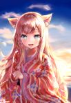  1girl :d animal_ears backlighting bangs blue_eyes blue_sky blush brown_hair cat_ears clouds eyebrows_visible_through_hair fang floral_print highres horizon japanese_clothes kimono long_hair long_sleeves looking_at_viewer mishuo_(misuo69421) ocean open_mouth original outdoors print_kimono red_kimono sky smile solo standing sunlight sunset upper_body water wide_sleeves 