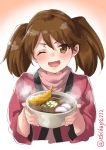  1girl bowl brown_eyes brown_hair ebifurya food gradient gradient_background happi highres holding holding_bowl japanese_clothes kantai_collection long_hair looking_at_viewer noodles one_eye_closed open_mouth orange_background pink_sweater ramen ryuujou_(kantai_collection) solo sweater twintails twitter_username upper_body white_background 