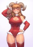  1girl abs animal_ears bangs bare_shoulders blush_stickers breasts brown_hair carrying cleavage cleavage_cutout closed_eyes cowboy_shot curled_horns detached_sleeves facing_viewer fur-trimmed_leotard fur-trimmed_sleeves fur_trim grin hand_on_hip highres horns iwbitu-sa large_breasts leotard long_hair muscle muscular_female original red_legwear red_leotard sheep_ears sheep_horns shoulder_carry smile solo thigh-highs tusks wild_boar 