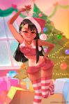  1girl absurdres arm_up bell bell_collar black_hair blush box breasts brown_eyes christmas christmas_tree collar commentary english_commentary fangs gift gift_box groin hair_ornament hairclip hand_on_hip hat highres holly_hair_ornament ijiranaide_nagatoro-san jingle_bell leaning_forward long_hair looking_at_viewer lowleg lowleg_shorts midriff mistletoe nagatoro navel no_shoes one-piece_tan red_legwear rtil santa_hat short_shorts shorts skindentation small_breasts solo standing standing_on_one_leg strapless striped striped_legwear tan tanline thigh-highs thigh_gap tubetop winter 