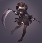  1girl black_background black_blindfold black_dress black_gloves black_hair black_hairband black_legwear blindfold boots borrowed_character breasts cleavage_cutout commission cosplay covered_eyes dress drill_hair facing_viewer feather-trimmed_sleeves gloves gothic_lolita hairband high_heel_boots high_heels highres holding holding_scythe iwbitu-sa juliet_sleeves lolita_fashion long_hair long_sleeves medium_breasts nier_(series) nier_automata pointy_ears puffy_sleeves scythe smile solo standing standing_on_one_leg thigh-highs thigh_boots thighhighs_under_boots twin_drills vambraces yorha_no._2_type_b yorha_no._2_type_b_(cosplay) 