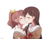  2girls artist_name bang_dream! bangs black_hair blush brown_hair closed_eyes double-breasted gyaheung hair_ribbon hanasakigawa_school_uniform hanazono_tae hug kiss long_hair long_sleeves multiple_girls neck_ribbon red_neckwear ribbon sailor_collar school_uniform sidelocks simple_background sweatdrop upper_body white_background white_sailor_collar yamabuki_saaya yellow_ribbon yuri 