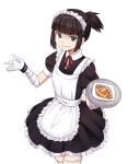  1girl apron bandage bandaged_arm bandages bangs black_dress black_hair blunt_bangs cowboy_shot dress food frilled_dress frills green_eyes grin highres iwbitu-sa ketchup looking_at_viewer maid maid_apron maid_headdress mole mole_under_eye omelet omurice original plate puffy_short_sleeves puffy_sleeves red_ribbon ribbon short_hair short_ponytail short_sleeves simple_background smile solo standing thigh-highs tray white_background white_legwear wristband zettai_ryouiki 