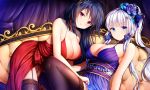  2girls ahoge alternate_costume alternate_hairstyle azur_lane bangs bare_shoulders black_hair black_legwear blue_dress blue_eyes blush breasts choker cleavage closed_mouth cocktail_dress collarbone commentary curtains dress elbow_gloves eyebrows_visible_through_hair garter_straps gloves hair_between_eyes hair_ornament hair_ribbon halter_dress highres huge_breasts illustrious_(azur_lane) indoors large_breasts long_hair looking_at_viewer lounge mole mole_under_eye multiple_girls ponytail red_dress red_eyes ribbon sidelocks smile taihou_(azur_lane) thigh-highs twintails very_long_hair white_hair wsman 