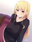  1girl arm_support bangs black_sweater blonde_hair blush breasts collarbone commentary_request eyebrows_visible_through_hair highres kotatsu large_breasts leaning_to_the_side long_hair looking_at_viewer original parted_lips ramchi red_eyes ribbed_sweater signature solo sweater table under_kotatsu under_table very_long_hair 