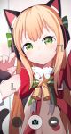  1girl absurdres animal_ears bangs bare_shoulders bell black_sleeves blonde_hair blush bow cat_ear_headphones cat_ears closed_mouth eyebrows_visible_through_hair fingernails fur_collar girls_frontline green_bow green_eyes head_tilt headphones heart highres long_hair looking_at_viewer outstretched_arm reaching_out red_bow self_shot sleeves_past_wrists solo starfox1015 striped striped_bow tmp_(girls_frontline) very_long_hair viewfinder 