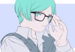  1other alternate_costume androgynous aqua_eyes aqua_hair colored_eyelashes contemporary diffndk glasses green_eyes green_hair houseki_no_kuni looking_at_viewer phosphophyllite short_hair smile solo upper_body vest 