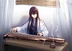  1boy brown_hair closed_mouth curtains eyebrows_visible_through_hair incense incense_burner instrument instrument_request kangetsu_(fhalei) long_hair long_sleeves male_focus music original playing_instrument smoke solo upper_body violet_eyes wide_sleeves 