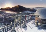  architecture bare_tree blue_sky building day diffraction_spikes east_asian_architecture gradient_sky highres horizon inika island mountain no_humans ocean original outdoors scenery shade shide shrine signature sky snow snowing sun sunlight sunrise tile_roof torii town tree water winter 