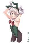 1girl :d alternate_costume animal_ears armpits arms_up blonde_hair breasts brown_legwear bunny_girl bunny_pose bunny_tail bunnysuit covered_navel cowboy_shot detached_collar ebifurya eyebrows_visible_through_hair fake_animal_ears fur_trim gloves green_eyes green_leotard hair_between_eyes highres kantai_collection leotard looking_at_viewer messy_hair open_mouth pantyhose rabbit_ears shading_eyes shimushu_(kantai_collection) short_hair small_breasts smile strapless strapless_leotard tail twitter_username white_background white_gloves wrist_cuffs 