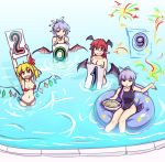  4girls bat_wings bikini black_bikini black_wings blonde_hair bowl breasts crystal demon_wings flandre_scarlet hair_ribbon hater_(hatater) head_wings innertube koakuma large_breasts lavender_hair long_hair looking_at_viewer multiple_girls navel nude one-piece_swimsuit patchouli_knowledge pointy_ears pool purple_swimsuit red_bikini red_eyes red_ribbon redhead remilia_scarlet ribbon short_hair sitting smile soaking_feet standing swimsuit touhou violet_eyes water wings 