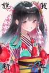  1girl 2019 :d bangs black_hair blush commentary_request eyebrows_visible_through_hair floral_print flower grin hair_flower hair_ornament hands_up highres japanese_clothes kimono long_hair long_sleeves looking_at_viewer obi open_mouth original pig pinching_sleeves pink_flower print_kimono purple_kimono red_flower rinku_(rin9) sash sidelocks smile solo striped tassel teeth upper_body violet_eyes wide_sleeves 