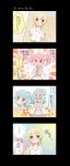  &gt;_&lt; 3girls 4koma absurdres bang_dream! bangs black_border blonde_hair blue_hair blush border bow bowtie bubble_background clenched_hand clenched_hands comic commentary_request dress earrings flower flower_earrings flower_necklace flying_sweatdrops gloves hair_bow hair_ribbon half_updo hand_up hands_up highres idol jewelry light_blue_hair long_hair maruyama_aya matsubara_kanon miyuara multiple_girls necklace one_side_up open_mouth pink_eyes pink_hair pink_neckwear purple_bow ribbon shirasagi_chisato shirt short_sleeves sidelocks smile sparkle tearing_up translation_request twintails violet_eyes wavy_mouth white_bow white_dress white_gloves white_neckwear white_ribbon white_shirt 