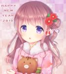  1girl 2019 animal blush brown_hair caramel_(caramelmilk) checkered checkered_background chinese_zodiac commentary_request floral_print flower fur_collar hair_bun hair_flower hair_ornament happy_new_year japanese_clothes kimono long_hair long_sleeves looking_at_viewer new_year obi one_side_up original parted_lips pig pink_kimono print_kimono red_flower sash side_bun sleeves_past_wrists solo violet_eyes year_of_the_pig 