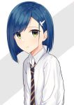  1girl bangs black_neckwear blue_hair collared_shirt darling_in_the_franxx eyebrows_visible_through_hair green_eyes grz hair_ornament hairclip ichigo_(darling_in_the_franxx) long_sleeves looking_at_viewer necktie parted_lips shirt short_hair simple_background solo striped striped_neckwear swept_bangs upper_body white_background white_shirt wing_collar 