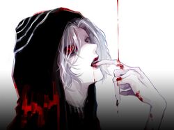  1boy bangs black_hoodie black_nails black_sclera blood blood_in_mouth blood_on_face bloody_clothes commentary_request dripping dropping face finger_in_mouth fingernails from_side hair_over_one_eye heterochromia hood hood_up hoodie kenkoumineral13 looking_at_viewer male_focus nail_polish open_mouth out_of_frame pale_skin parted_bangs red_eyes short_hair simple_background solo spoilers takizawa_seidou tokyo_ghoul tokyo_ghoul:re white_hair 