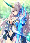  1girl blue_eyes blurry blurry_background blush breasts character_request cleavage commentary_request cowboy_shot depth_of_field energy_sword fingerless_gloves gloves grey_hair haik hair_between_eyes highres holding holding_sword holding_weapon horn looking_at_viewer medium_breasts navel panties ponytail smile solo standing sword underwear weapon white_gloves wixoss 