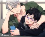  2boys artist_name black_hair blue-framed_eyewear blue_eyes blurry blurry_background blush brown_eyes digital_media_player earphones earphones fingernails gearous glasses grey_hair hand_holding holding indoors jewelry katsuki_yuuri light_smile looking_at_another looking_away lying male_focus multiple_boys open_mouth ring shared_earphones short_hair smile upper_body viktor_nikiforov yuri!!!_on_ice 