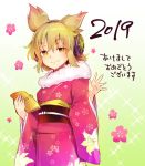  1girl 2019 alternate_costume bangs black_sash blonde_hair breasts cowboy_shot earmuffs eyebrows_visible_through_hair floral_print flower fur_trim gradient gradient_background hair_between_eyes hand_up holding japanese_clothes kimono long_sleeves looking_at_viewer makuwauri medium_breasts obi pink_flower pink_kimono pointy_hair sash short_hair smile solo standing touhou toyosatomimi_no_miko translated white_background wide_sleeves yellow_background yellow_eyes 