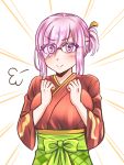  &gt;:) 1girl alternate_hairstyle breasts closed_mouth eyes_visible_through_hair fate/grand_order fate_(series) glasses hair_over_one_eye japanese_clothes kimono lavender_hair looking_at_viewer mabo-udon mash_kyrielight obi sash short_hair smile solo upper_body v-shaped_eyebrows violet_eyes 