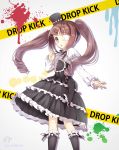  absurdres blush brown_eyes brown_hair commentary_request eyepatch frills gothic_lolita hanazono_yurine hat highres jashin-chan_dropkick lolita_fashion long_hair long_sleeves mini_hat paint_splatter twintails wakusei-planet 