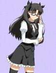  1girl black_bow black_hair black_legwear black_ribbon black_skirt blue_background blue_eyes bow eyebrows_visible_through_hair fate/stay_night fate_(series) frilled_skirt frilled_sleeves frills hair_bow highres long_hair long_sleeves looking_at_viewer miniskirt neck_ribbon red-framed_eyewear ribbon semi-rimless_eyewear sha11021997 shirt skirt smile solo standing thigh-highs tohsaka_rin twintails under-rim_eyewear very_long_hair white_shirt zettai_ryouiki 