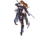  1girl arm_up armor armored_boots armpit_cutout bangs beatrix_(granblue_fantasy) belt blue_scrunchie bodysuit boots breasts brown_eyes brown_hair cape closed_mouth full_body gauntlets gloves granblue_fantasy head_tilt high_heels holding holding_sword holding_weapon long_hair looking_at_viewer medium_breasts minaba_hideo official_art ponytail scrunchie shiny shiny_hair skin_tight smile solo standing sword thigh-highs turtleneck weapon 