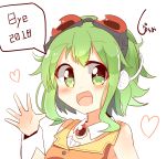  1girl 2018 2019 :d artist_name bangs blush brooch detached_collar english_text goggles goggles_on_head green_eyes green_hair gumi headphones heart highres jewelry new_year open_mouth orange_vest pachio_(patioglass) short_hair_with_long_locks signature simple_background smile solo upper_body vocaloid white_background wrist_cuffs 