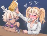  2girls alcohol alternate_costume arm_up bare_shoulders beer beer_mug breasts cleavage closed_eyes collared_shirt commentary croire dark_skin detached_sleeves drunk endlesstsubaki english_commentary english_text frown hair_between_eyes histoire long_hair looking_at_another medium_hair multiple_girls neptune_(series) no_wings open_mouth shin_jigen_game_neptune_vii shirt short_hair signature smile twintails white_shirt 