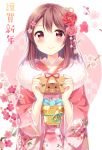  1girl 2019 bangs braid brown_eyes brown_hair chinese_zodiac commentary_request ema floral_background floral_print flower fur-trimmed_kimono fur_trim hair_flower hair_ornament happy_new_year hazuki_(sutasuta) highres holding japanese_clothes kanzashi kimono long_hair long_sleeves looking_at_viewer new_year obi original pink_flower pink_kimono red_flower sash side_braid solo translated upper_body year_of_the_pig 