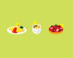  cup food food_request fruit green_background holding leaf no_humans nona_drops original plate simple_background smile strawberry tart_(food) 