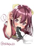  1girl bangs blush bow commentary_request eating ebifurya eyebrows_visible_through_hair food hair_between_eyes hair_bow hair_ribbon hakama highres japanese_clothes kamikaze_(kantai_collection) kantai_collection long_hair looking_at_viewer open_mouth pink_hakama purple_hair ribbon saliva sexually_suggestive simple_background standing steam violet_eyes white_background 