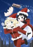  2girls ahoge antlers aqua_eyes black_eyes black_hair blonde_hair chito_(shoujo_shuumatsu_ryokou) christmas fake_facial_hair fake_mustache flying gloves gobera hat kettenkrad long_hair multiple_girls nuko_(shoujo_shuumatsu_ryokou) one_eye_closed open_mouth reindeer_antlers sack santa_costume santa_hat shoujo_shuumatsu_ryokou star_(sky) twintails yuuri_(shoujo_shuumatsu_ryokou) 