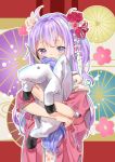  1girl agnamore azur_lane bangs blush commentary_request covered_mouth eyebrows_visible_through_hair flower hair_flower hair_ornament japanese_clothes kimono long_hair looking_at_viewer object_hug one_side_up pink_flower pink_kimono purple_hair short_sleeves solo stuffed_alicorn stuffed_animal stuffed_toy unicorn_(azur_lane) upper_body very_long_hair violet_eyes white_flower wide_sleeves 