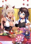  2girls animal_ears bangs bare_shoulders black_hair blue_eyes blush bowl breasts chopsticks cleavage collarbone cup detached_sleeves dog_ears eating eyebrows_visible_through_hair fan fangs feeding flower folding_fan food hair_between_eyes highres large_breasts long_hair magatama momoshiki_tsubaki multiple_girls nail_polish nengajou new_year obi open_mouth original osechi pig_ears plate ponytail red_flower red_nails sash silver_hair smile yellow_eyes yellow_nails 