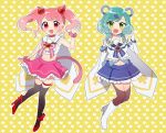  2girls :d animal_ears ankle_strap aqua_hair bang_dream! bangs bear_ears black_legwear blue_neckwear blue_skirt blush boots bow bracelet brooch cat_ears cat_tail clenched_hand commentary_request cosplay crop_top elbow_gloves frilled_skirt frills full_body gloves green_eyes hair_ornament hairband hand_up heart heart_background heart_hair_ornament high_heels hikawa_hina jewelry looking_at_viewer maruyama_aya midriff miyuara multiple_girls navel neck_ribbon open_mouth outline pink_eyes pink_hair pink_neckwear pink_scrunchie pink_skirt pleated_skirt red_footwear ribbon rosia_(show_by_rock!!) rosia_(show_by_rock!!)_(cosplay) sailor_collar scrunchie shirt short_hair show_by_rock!! side_braids sidelocks skirt sleeveless sleeveless_shirt smile spade_hair_ornament tail thigh-highs thigh_strap tsukino_(show_by_rock!!) tsukino_(show_by_rock!!)_(cosplay) twintails v white_footwear white_gloves white_outline white_shirt wrist_scrunchie yellow_background yellow_bow 