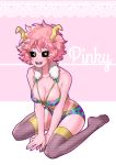  1girl ashido_mina bikini black_sclera blush boku_no_hero_academia fishnets highres horns ktn0515 looking_at_viewer open_mouth pink_hair pink_skin short_hair simple_background sitting smile solo swimsuit yellow_eyes 