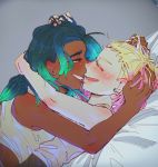  2girls absurdres arm_around_neck bare_arms bare_shoulders blonde_hair blush camisole closed_eyes couple dark_skin dutch_angle earrings face-to-face from_side girl_on_top green_eyes green_hair half-closed_eyes hand_in_another&#039;s_hair hand_on_another&#039;s_head highres hime_(splatoon) hug humanization iida_(splatoon) imminent_kiss jewelry long_hair looking_at_another lying lying_on_person multicolored_hair multiple_girls nimae04 nose_blush on_back on_stomach pink_hair short_hair sidelocks smile splatoon splatoon_(series) splatoon_2 upper_body yuri 