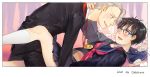  +_+ 2boys black_hair blue-framed_eyewear blue_eyes blush brown_eyes champagne_flute crossdressinging cup drinking_glass drunk english_text formal glasses hand_on_another&#039;s_neck katsuki_yuuri lying male_focus medal multiple_boys on_back open_mouth pleated_skirt school_uniform serafuku silver_hair skirt smile suit thigh-highs viktor_nikiforov white_legwear yaoi yuri!!!_on_ice yuyu_(yuyudesu0806) 