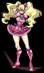  1girl arms_up black_background blonde_hair boots bow brooch choker closed_mouth corset cure_peach fresh_precure! frills full_body hair_ornament heart heart_hair_ornament jewelry knee_boots legs long_hair looking_to_the_side magical_girl momozono_love ninomae pink_bow pink_eyes pink_footwear pink_neckwear pink_skirt precure puffy_sleeves simple_background skirt solo standing twintails wrist_cuffs 