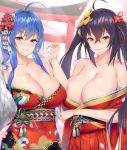  2girls ahoge arm_under_breasts azur_lane bangs bare_shoulders black_hair blue_hair breasts cleavage closed_mouth collarbone commentary english_commentary eyebrows_visible_through_hair flower fur_scarf hair_between_eyes hair_flower hair_ornament hair_tie hand_up heart heart-shaped_pupils highres japanese_clothes kimono kuavera large_breasts long_hair looking_at_viewer mask mask_on_head multiple_girls new_year no_bra off_shoulder ok_sign print_kimono red_kimono red_ribbon ribbon sash side_ponytail smile st._louis_(azur_lane) symbol-shaped_pupils taihou_(azur_lane) tongue tongue_out torii twintails violet_eyes 