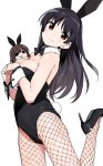  2girls :&lt;&gt; animal_ears armpit_crease bangs bare_arms bare_shoulders black_footwear black_hair black_hairband black_leotard black_neckwear blush bow bowtie breasts brown_hair bunny_girl bunny_tail bunnysuit chibi cleavage closed_mouth detached_collar eyebrows_visible_through_hair fake_animal_ears fishnet_pantyhose fishnets green_eyes hairband hands_together head_tilt high_heels leg_up leotard long_hair looking_at_viewer looking_to_the_side medium_breasts multiple_girls onjouji_toki open_mouth pantyhose rabbit_ears red_eyes saki saki_achiga-hen shimizudani_ryuuka shisoneri short_hair simple_background smile standing standing_on_one_leg tail thighs v-shaped_eyebrows white_background wrist_cuffs 