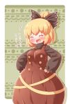  +++ 1girl ^_^ ^o^ arinu blonde_hair blush bow buttons closed_eyes commentary_request cowboy_shot dress eyebrows_visible_through_hair hair_bow hair_bun hands_on_hips highres kurodani_yamame long_sleeves open_mouth puffy_long_sleeves puffy_sleeves ribbon short_hair solo touhou translated turtleneck wide_sleeves 