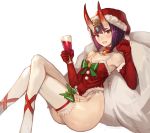  1girl :d blush bow christmas commentary cup drinking_glass elbow_gloves english_commentary eyeshadow fang fate_(series) fur_trim garter_straps glass gloves green_bow hat headpiece highres holding holding_cup horns leotard looking_at_viewer makeup oni oni_horns open_mouth purple_hair reclining red_gloves red_hat red_leotard sack santa_costume santa_hat short_hair shuten_douji_(fate/grand_order) simple_background sitting smile solo sookmo thigh-highs violet_eyes white_background white_legwear 